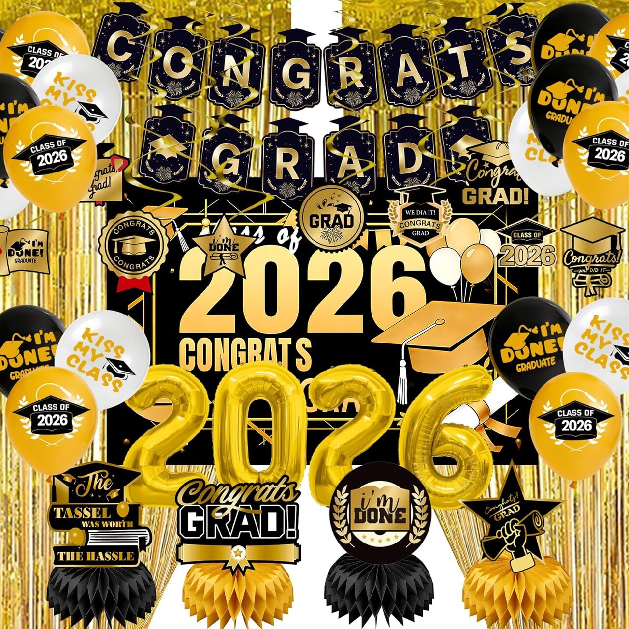 Class of 2026 Graduation Decorations - Black & Gold All-in-One Party Kit: "Congrats Grad" Backdrop, 2-Pack Gold Fringe Curtains, 2026 Foil Balloons & Tabletop Centerpieces